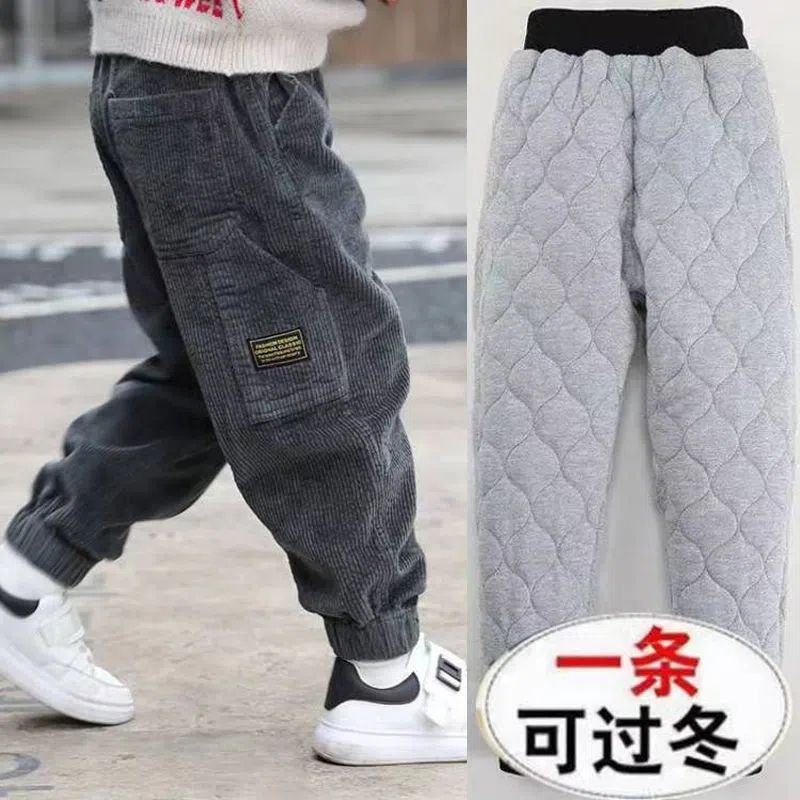 男童秋冬装加绒加厚裤子2023新款中大儿童灯芯绒长裤三层加厚棉裤