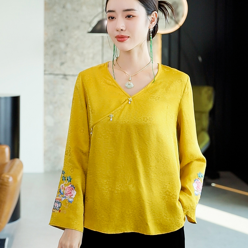 复古日记100桑蚕丝绣花中式长袖秋季国风女装上衣245C7336