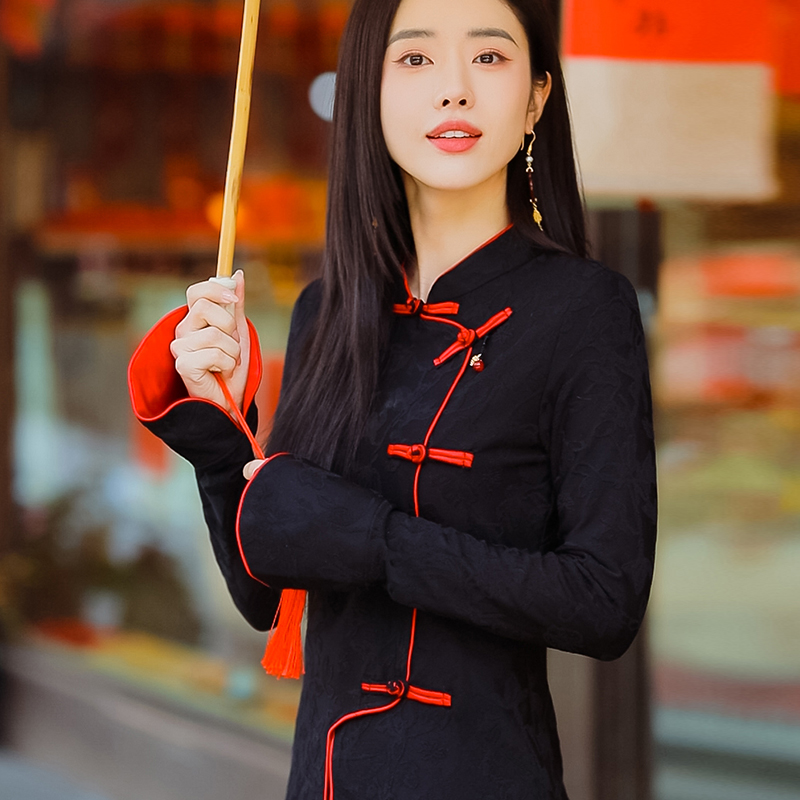 复古日记新中式红色古风女士长袖秋冬新品中国风T恤上衣23HT143