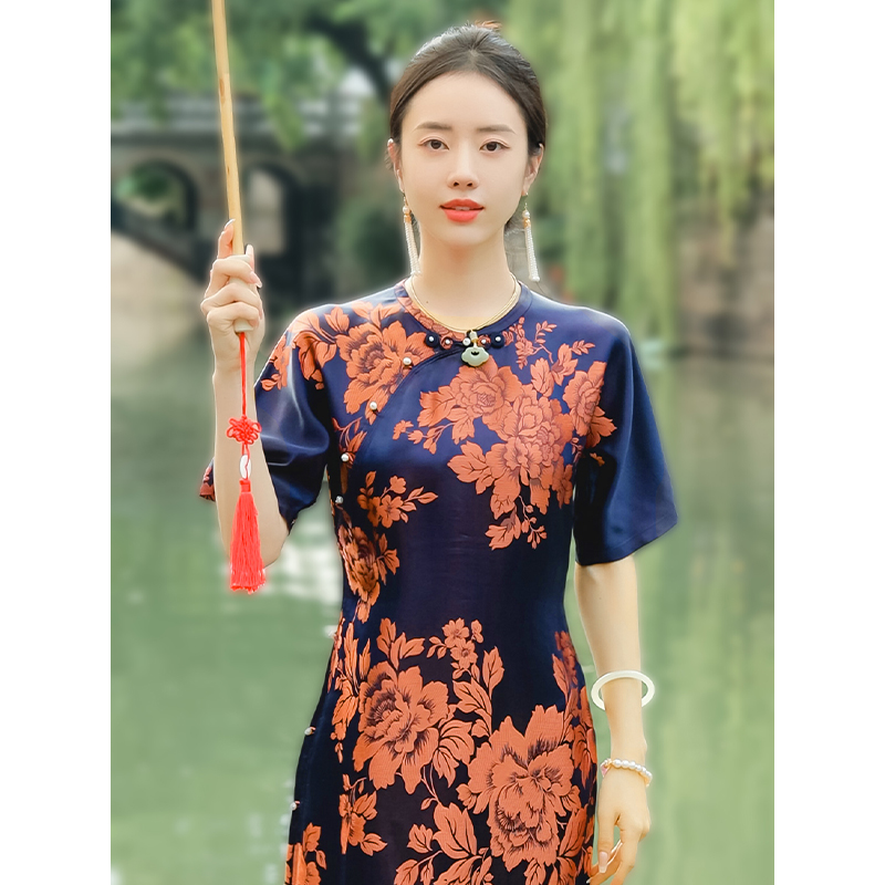 复古日记“孤芳”新中式提花一字盘扣斜襟改良旗袍连衣裙232L5960