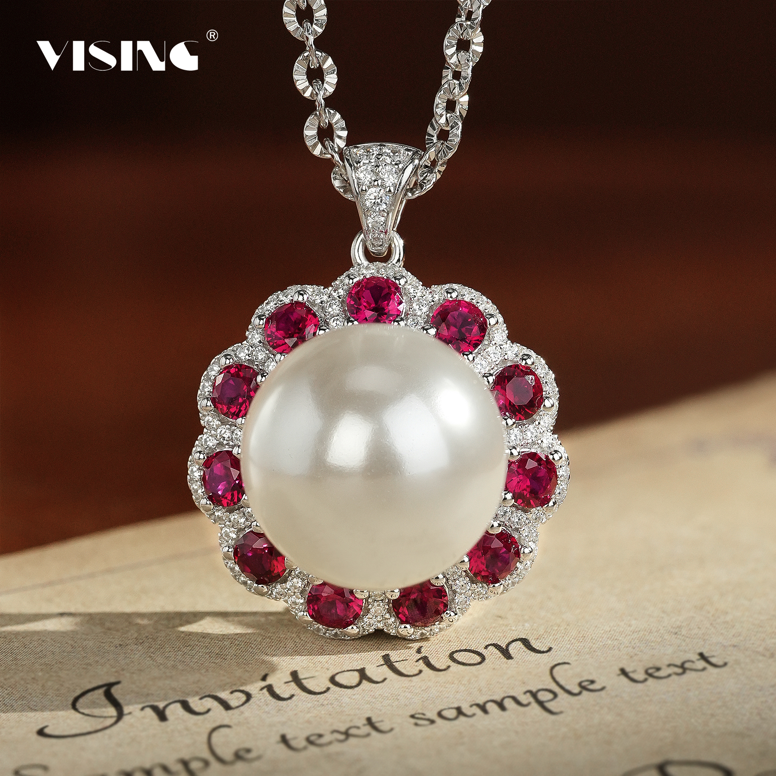 VISING 吊坠925银合成锆石 红钻正圆贝珠吊坠气质轻奢时尚百搭