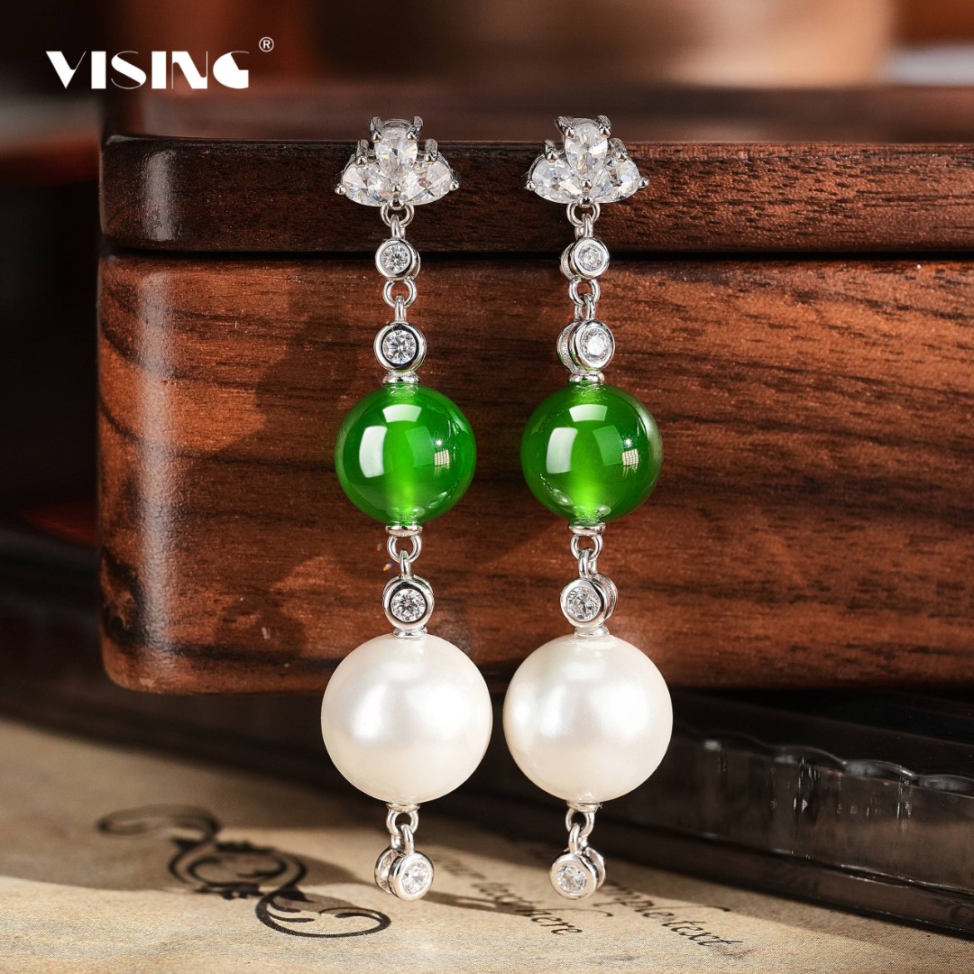 VISING 925银合成锆石耳饰 【绿色耳坠】圆珠贝珠耳坠    23103102K