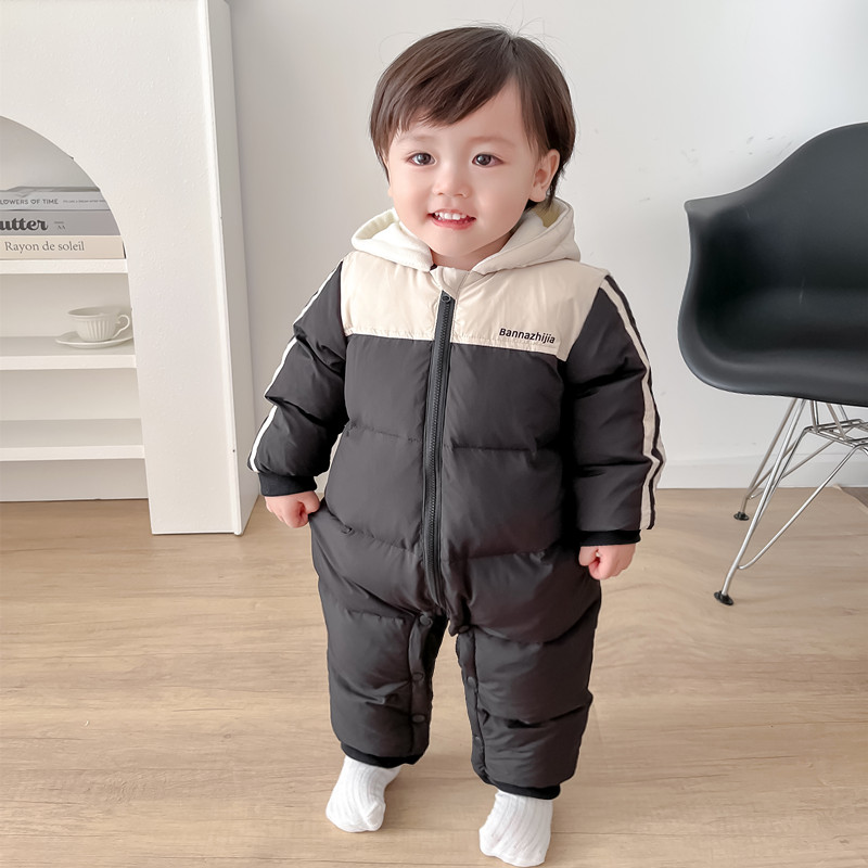 加厚宝宝带帽运动白鸭绒婴儿羽绒连体衣男女宝宝羽绒服婴幼儿爬服