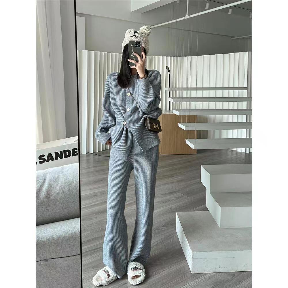 高级感时尚针织毛衣裤子两件套秋冬加厚新款休闲纯色洋气气质套装