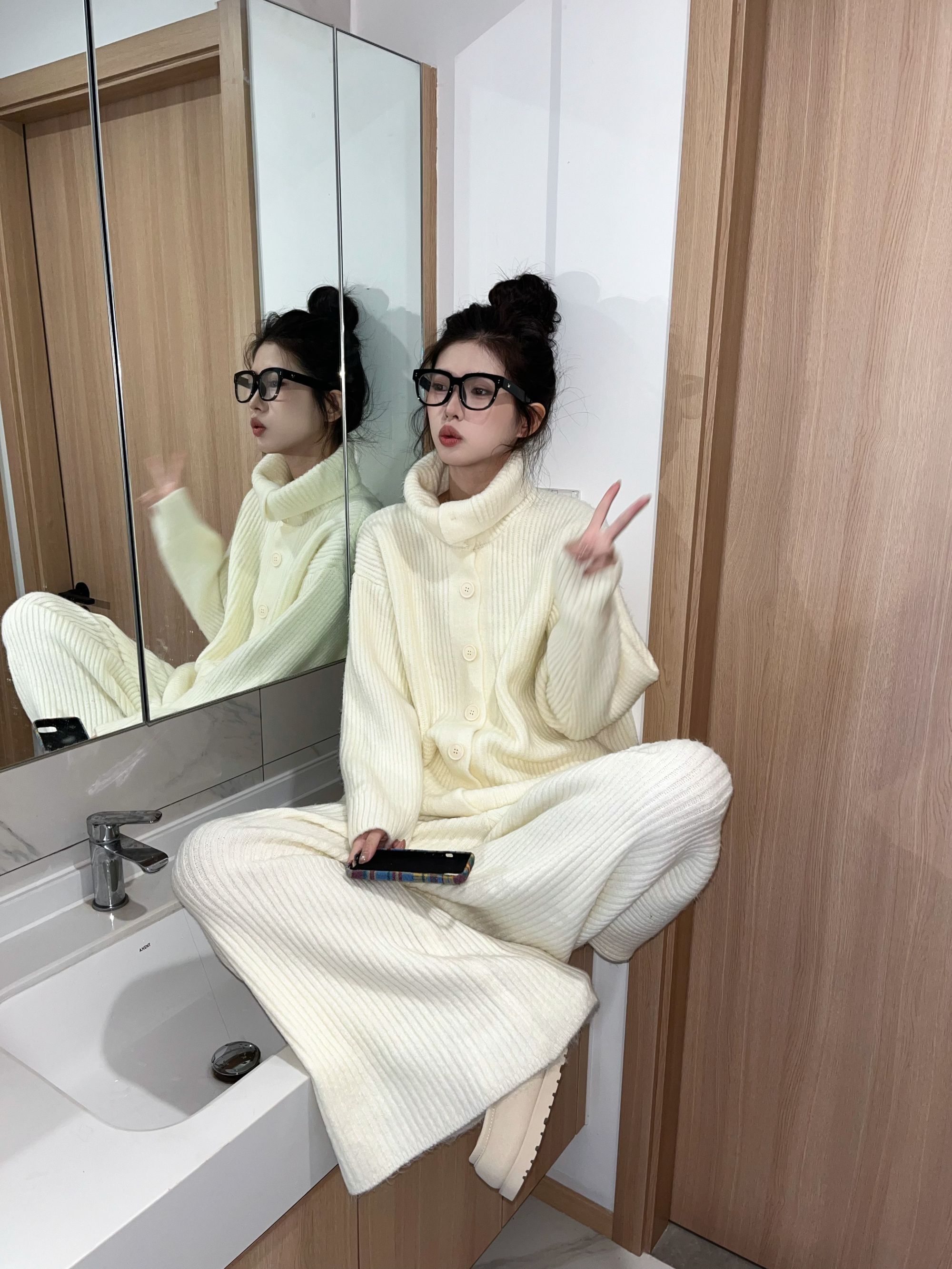 春秋季新款穿搭一整套针织休闲套装宽松高级感上衣阔腿直筒裤套装