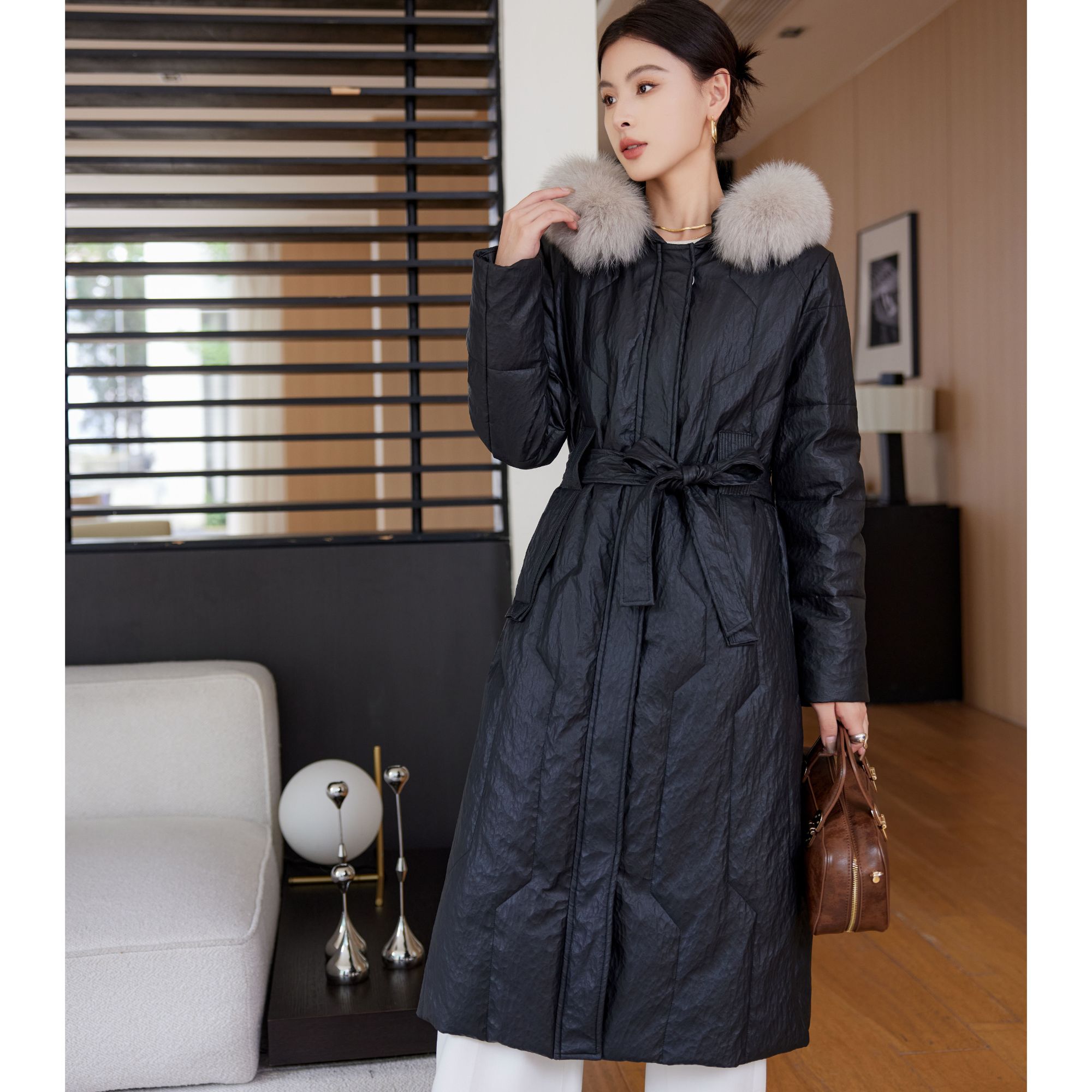 海宁真皮衣羽绒服真狐狸毛大毛领连帽过膝冬季保暖女式外套XH8377