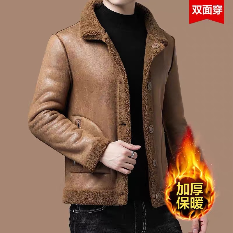 （丽姐专属）加绒外套加厚夹克冬季男士中老年皮衣保暖上衣E68