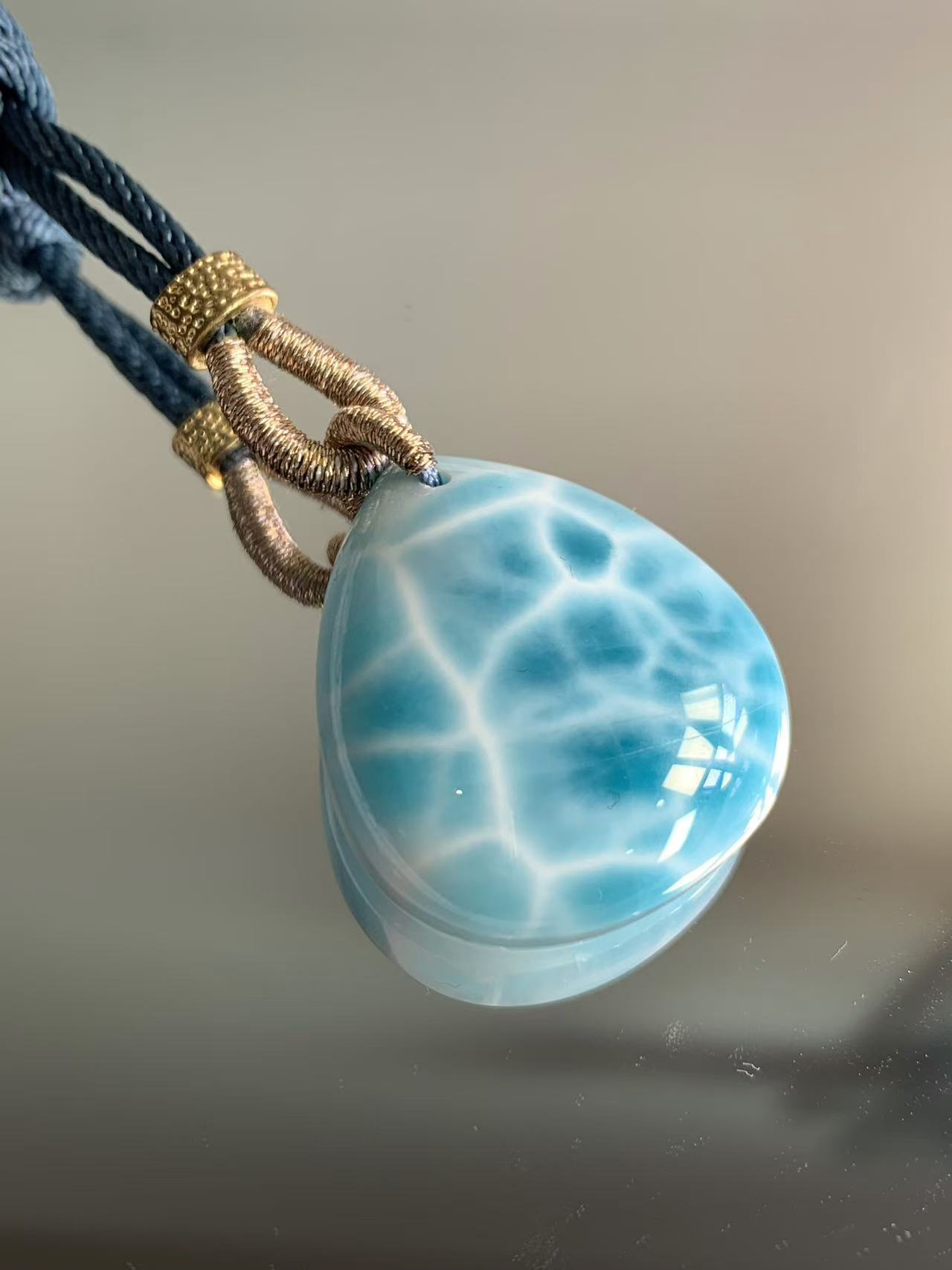 收藏级高蓝海纹石吊坠毛衣链项链针纳钙石精美水滴绳子款26*30