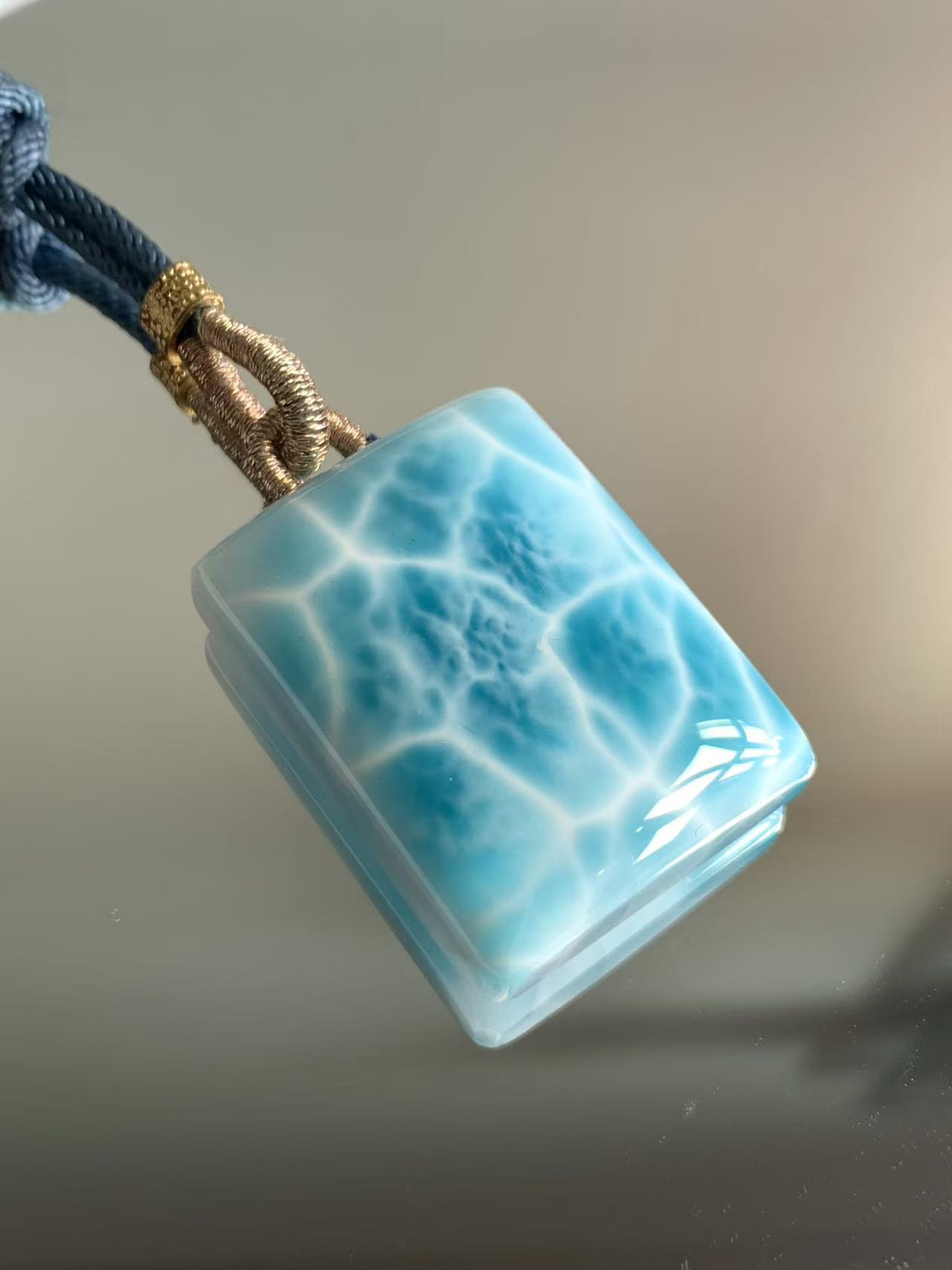 收藏级高蓝海纹石吊坠毛衣链项链针纳钙石精美无事牌绳子款27*36