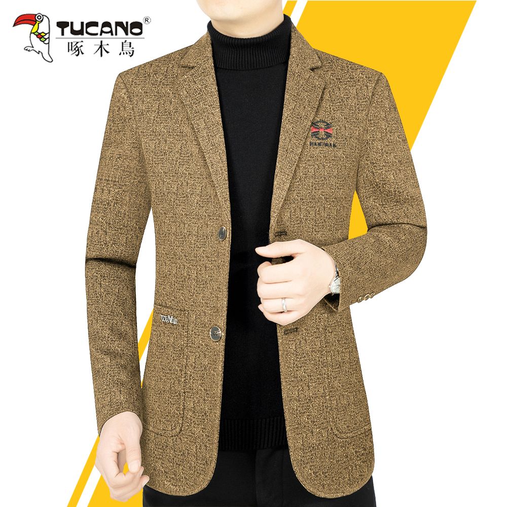 啄木鸟高档磨毛质感西装外套2023秋冬季新款帅气中年男士休闲西服