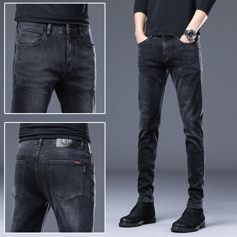 啄木鸟2022秋冬厚款黑色牛仔裤男修身小脚潮牌高端弹力休闲长裤男