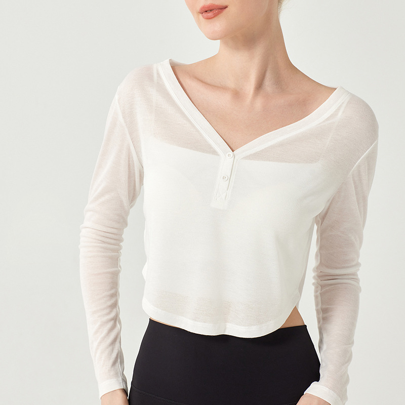 FL-366轻薄V领纽扣瑜伽罩衫长袖女夏天宽松运动t恤上衣健身
