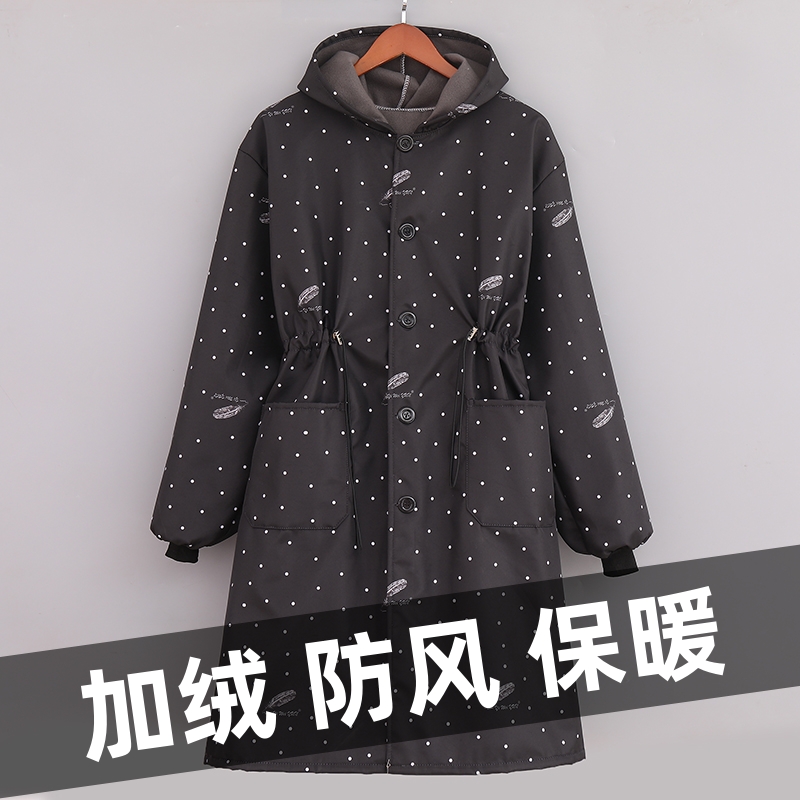 秋冬加厚加绒防水收腰罩衣女外穿连帽长袖保暖正穿衣女士时尚围裙