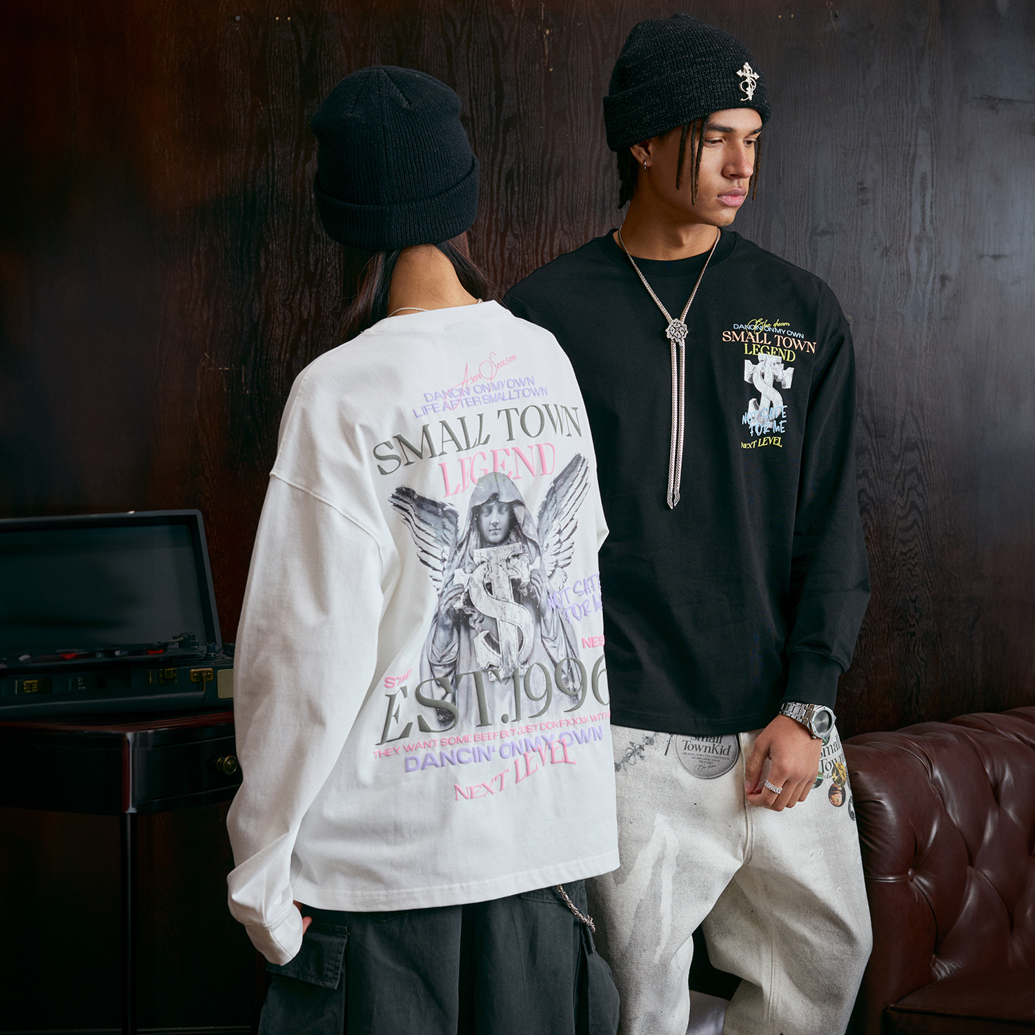 STK SmallTownKid 天使印花长袖T恤美式复古潮牌街头圆领上衣男女