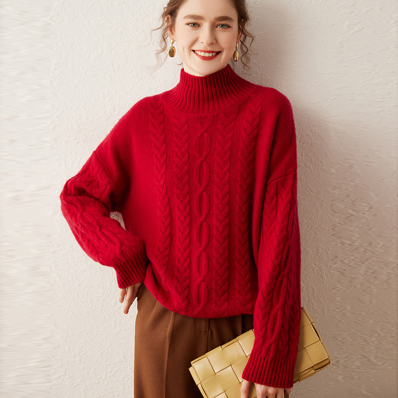 重磅加厚半高领羊绒衫时尚宽松复古女士羊绒衫秋冬慵懒风红色外穿