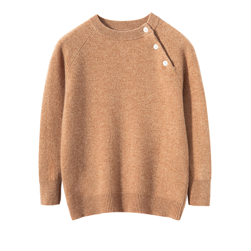 澳洲羊毛男女童12针圆领斜扣纯色重工上衣羊毛衫毛衣长袖保暖