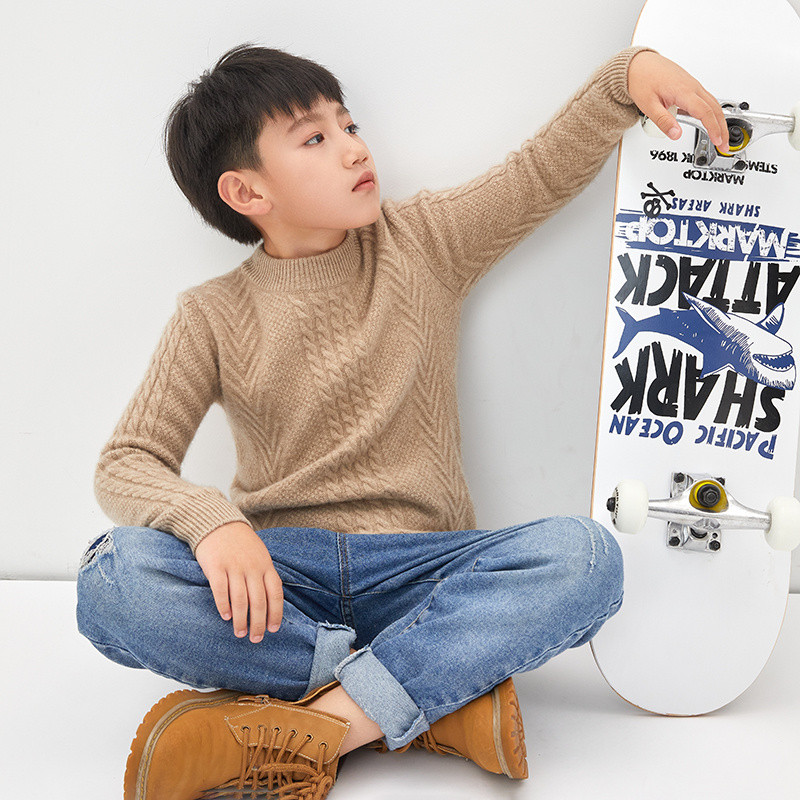 山羊绒男女童纯色半高领七针麻花加厚重工上衣羊绒衫毛衣长袖