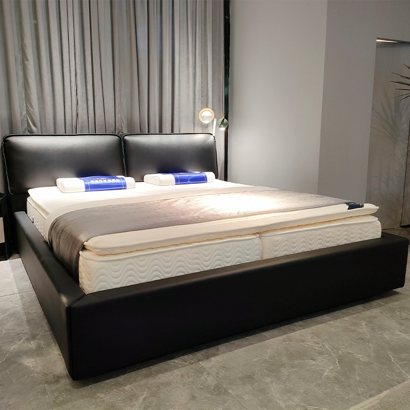 豆腐块床极简大黑牛床意式真皮黑色轻奢现代简约软包双人床 包邮