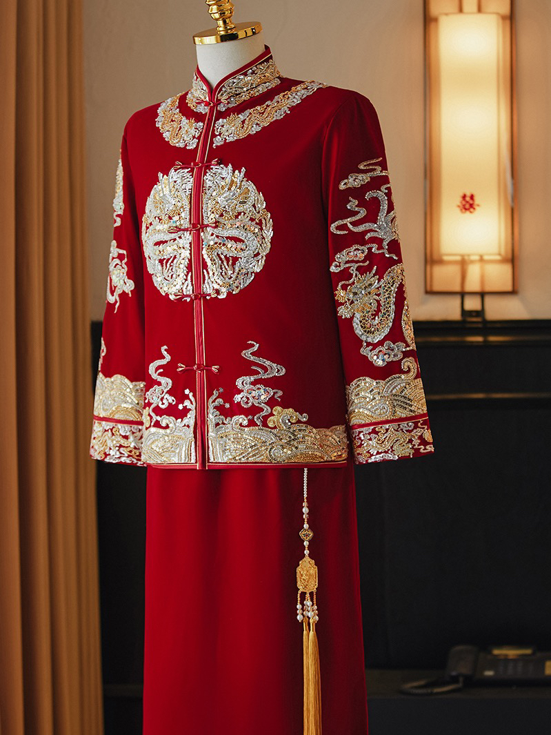 男士丝绒秀禾服2023年新款秋季结婚中式礼服V领秀禾大码显瘦重工