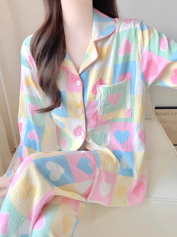 睡衣春秋季女士女款长袖长裤休闲甜美爱心格子可外穿家居服套装