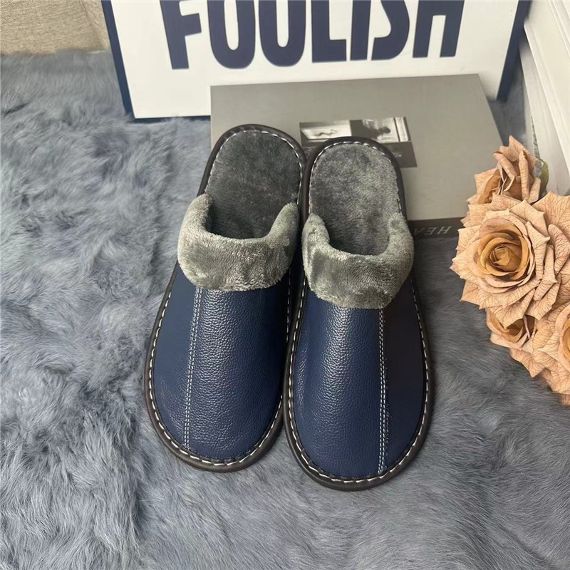  牛筋底真皮拖鞋居家室内女防水防滑保暖家用牛皮棉拖鞋冬季男
