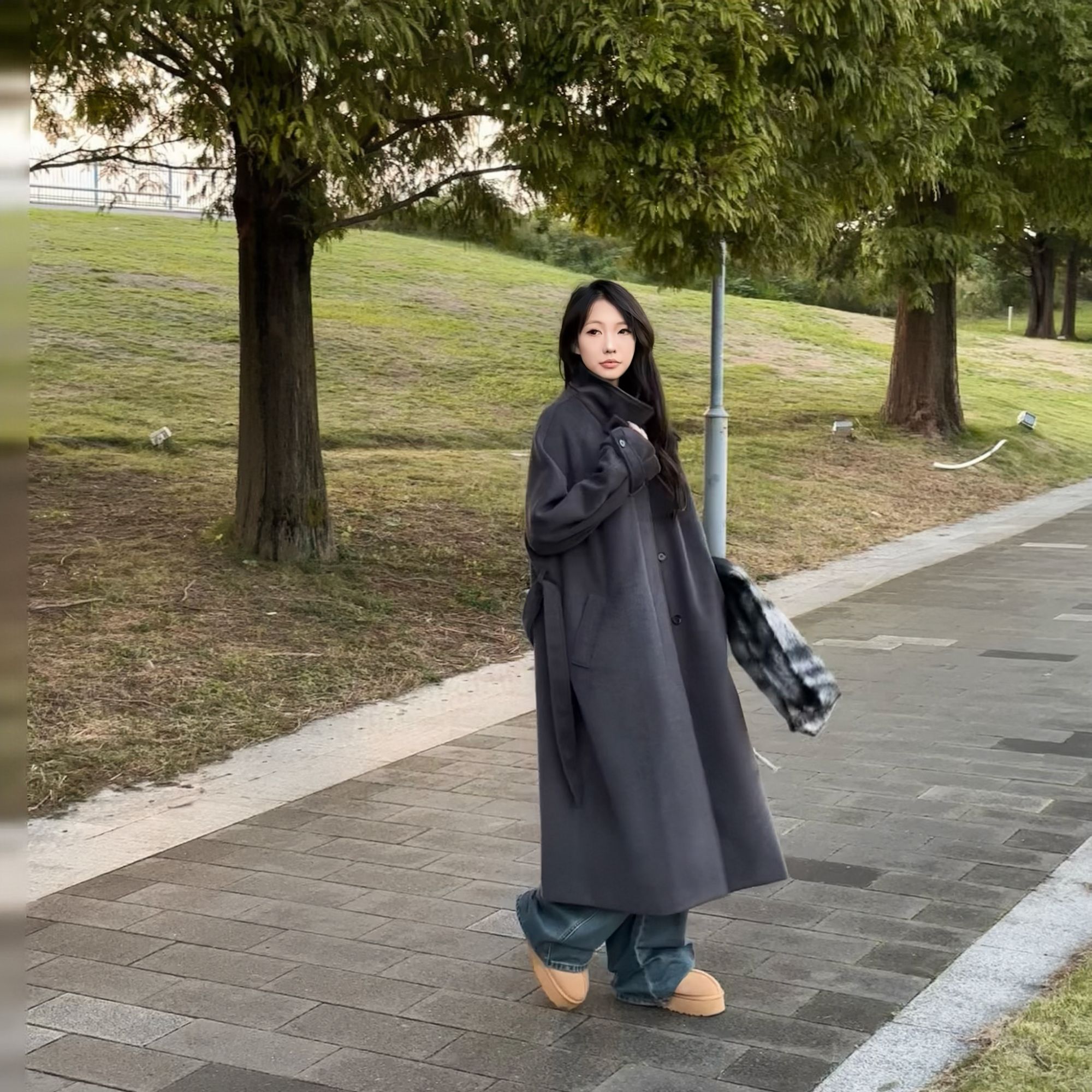 【冬日物语】黑色立领暗门襟羊毛大衣女秋冬高端简约插肩袖长款外套