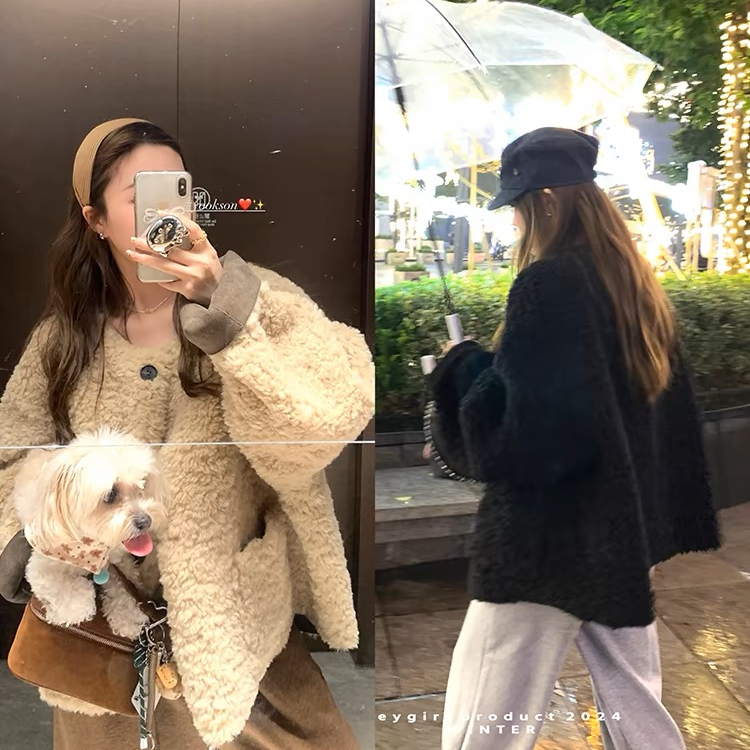 （新款+运费险）皮毛一体短款宽松慵懒毛毛外套女冬保暖大