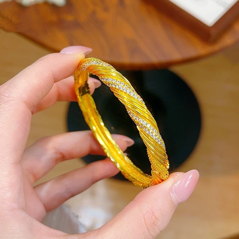 铜合金合成锆石手镯 新中式满天星麻花手镯卡扣镯子新中式手环