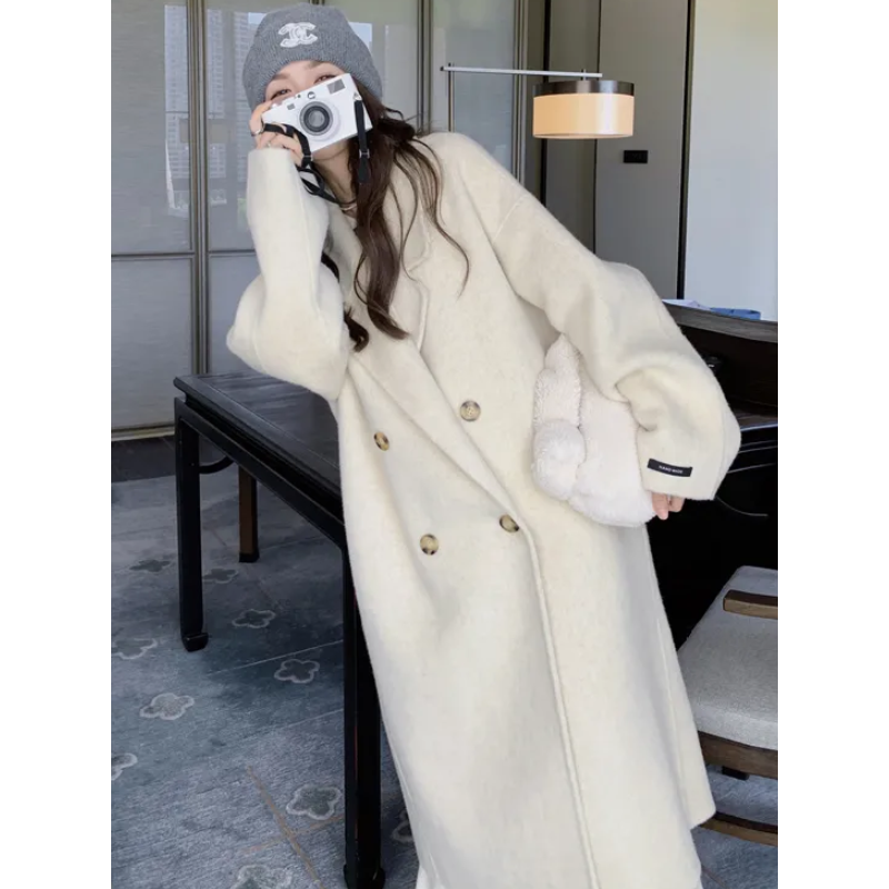 设计感燕麦色大衣女中长款2023韩版秋冬新款宽松休闲时尚百搭外套