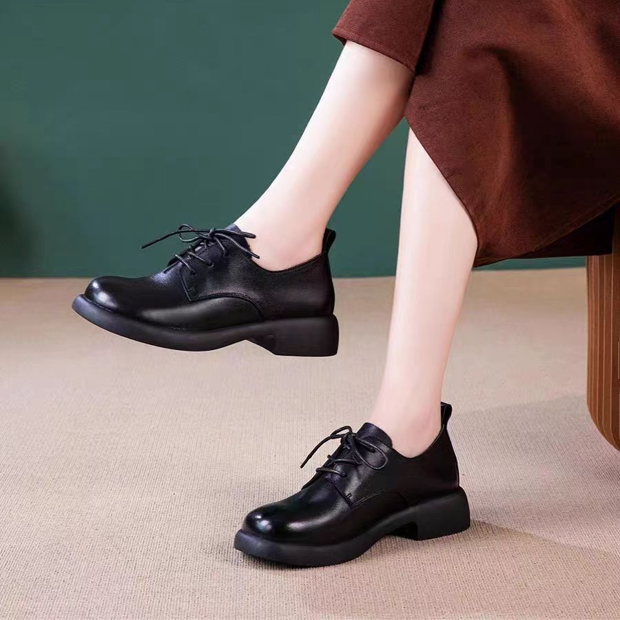 女鞋2025皮鞋单鞋百搭软底厚底英伦风圆头深口真皮牛皮中跟复古
