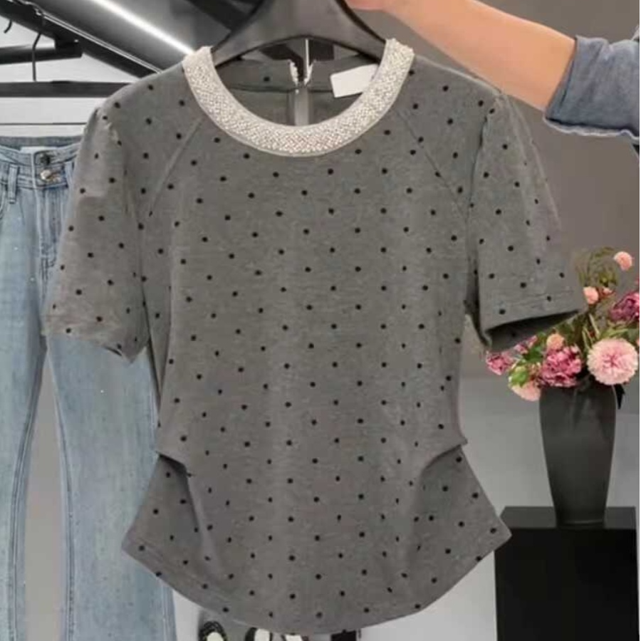 大码纯棉钉珠波点短袖t恤夏季女装别致绝美小衫2024新款灰色上衣