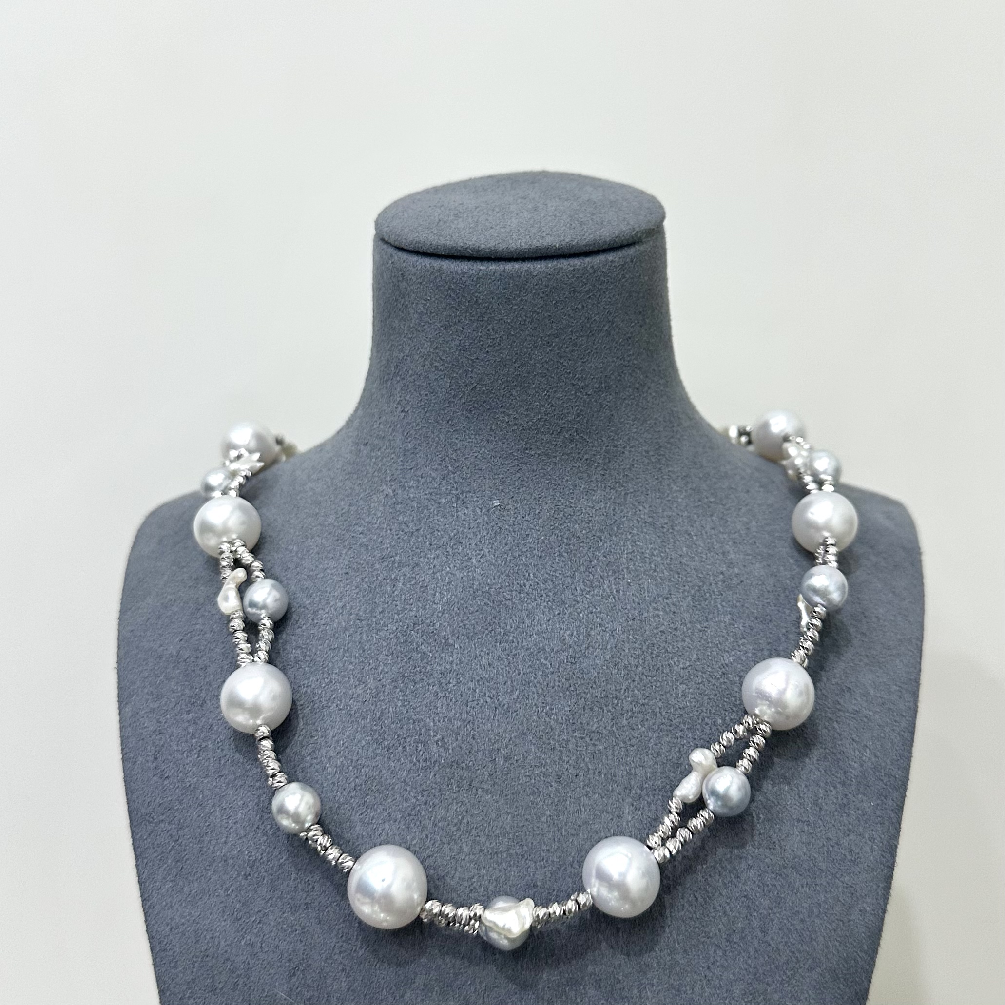 高定款18K白金澳白麻花扭扭链野生无核keshi设计师款项链可调节