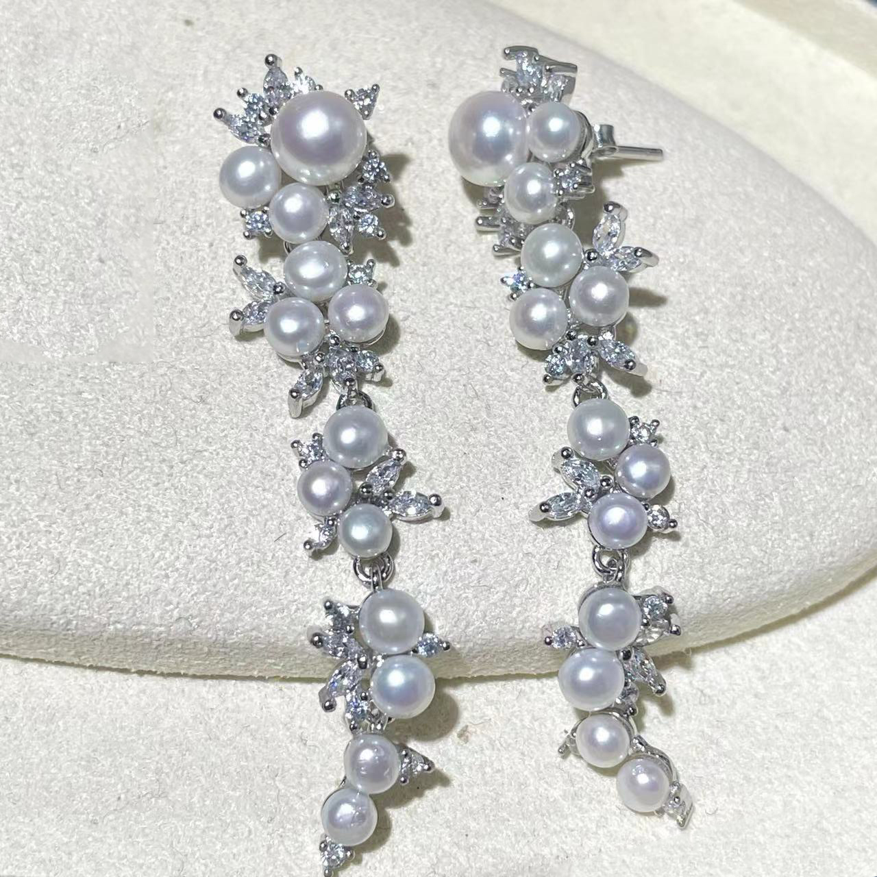 重工满钻满天星珍珠耳环气质设计师款中长款耳饰强光淡水无核耳坠