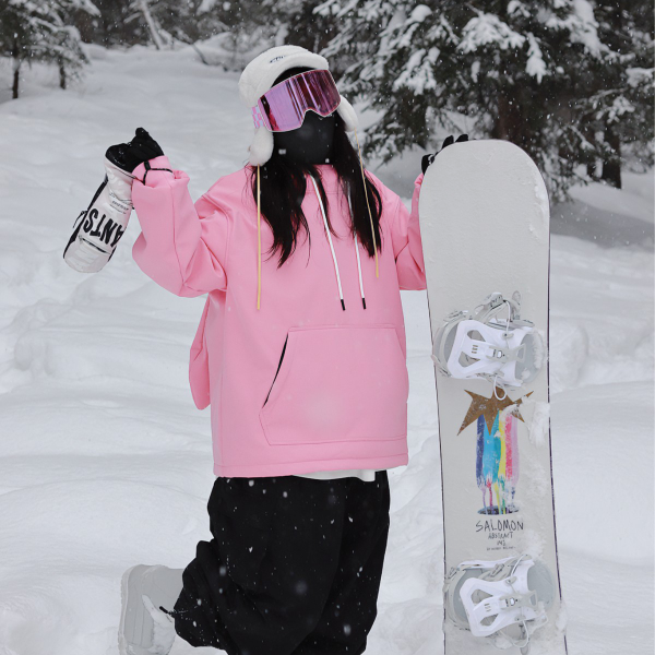 雪否 粉色单板兔耳朵防水over size宽松加绒 透气室内滑雪卫衣