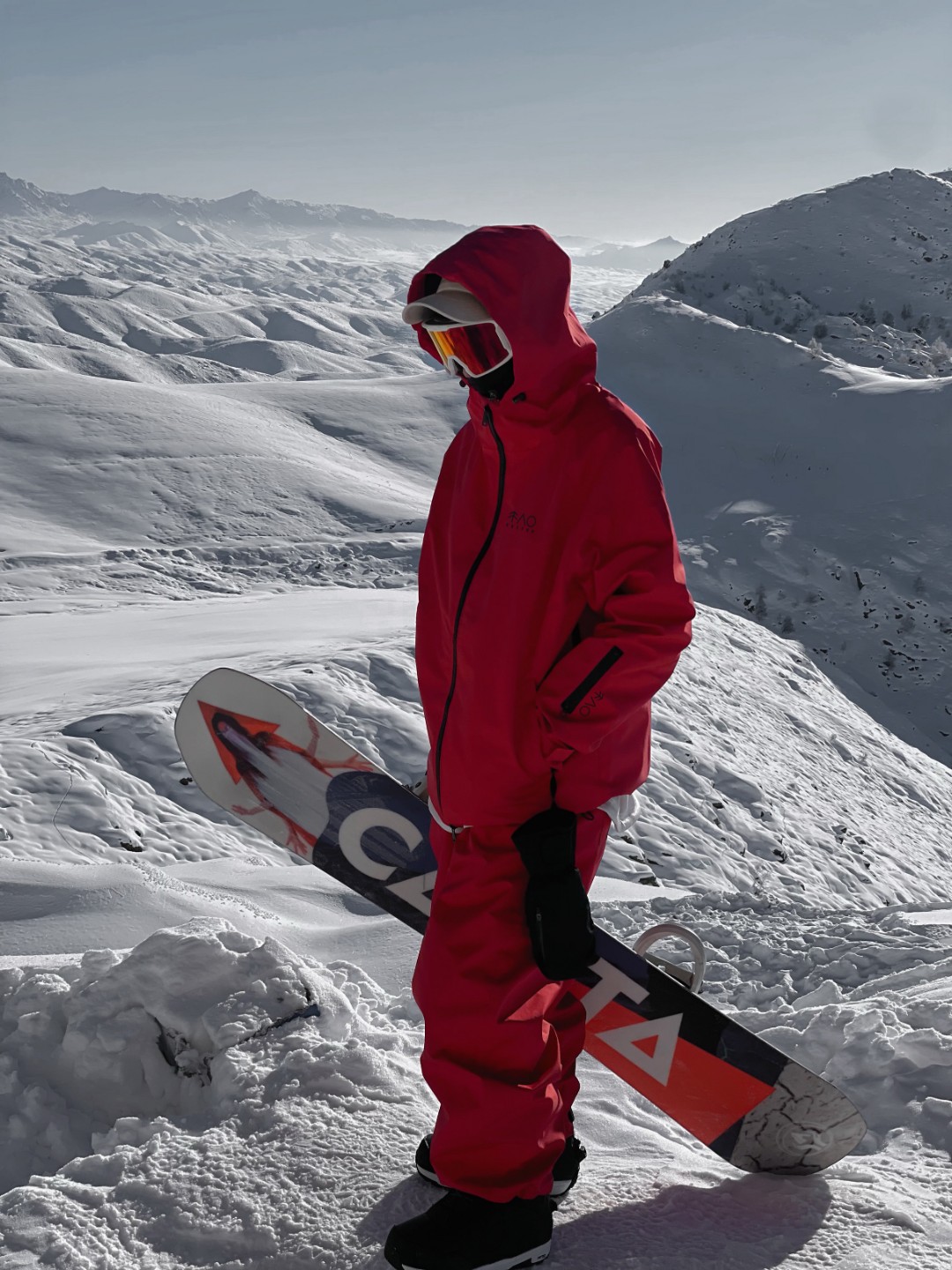 雪否 红色加绒防水防风耐磨滑雪套装潮款oversize雪裤单板滑雪服