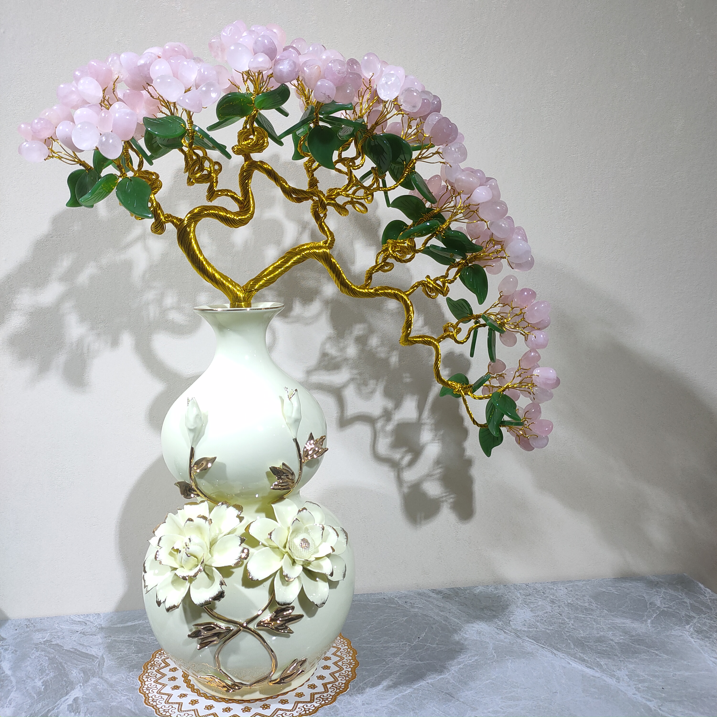 【卓越轻奢】葫芦福禄天然粉水晶摆件陶瓷乔迁办公家居精美