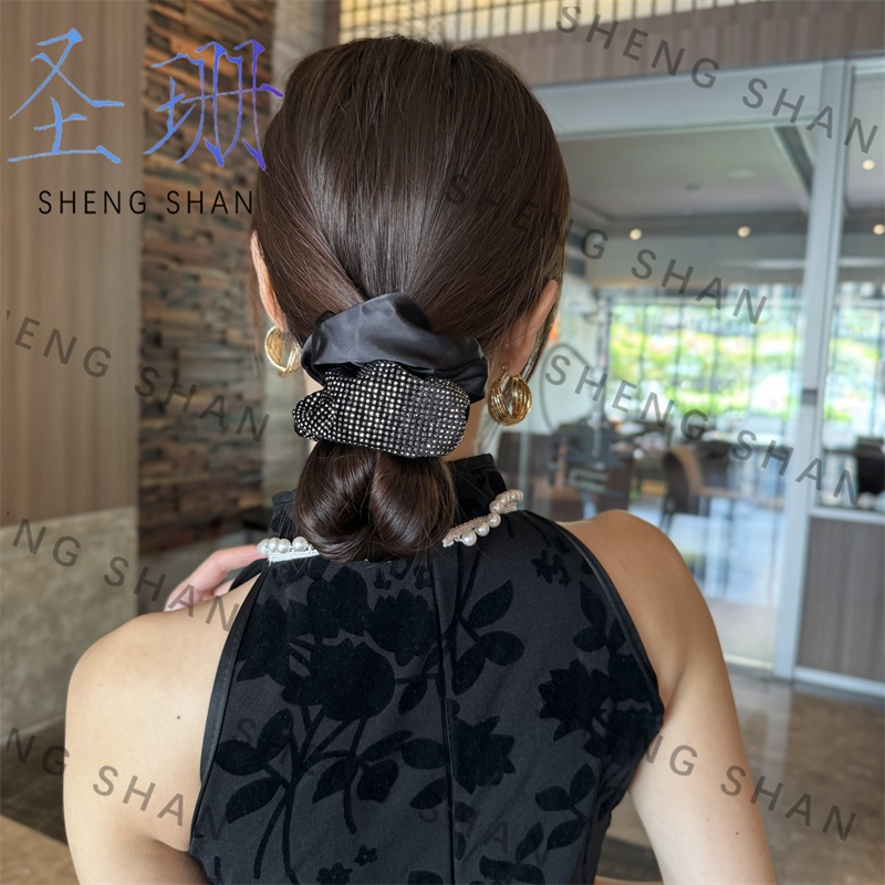 网红小香风缎面拼接镶钻发绳高档新款皮筋头花耐用发圈头绳