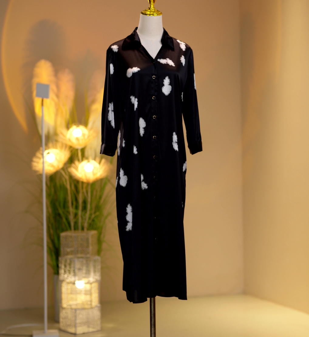 桑蚕丝高定时尚气质减龄优雅修身蕾丝连衣裙中长款黑色2410088