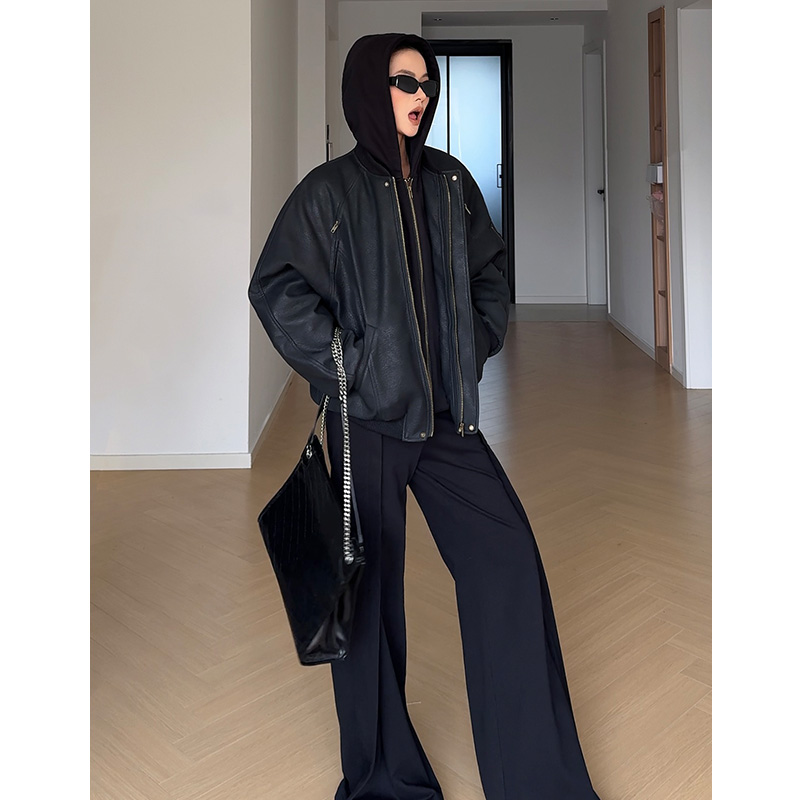 【炸街指南】别致哑光纹理PU保暖防风加棉加厚假两件棒球服外套