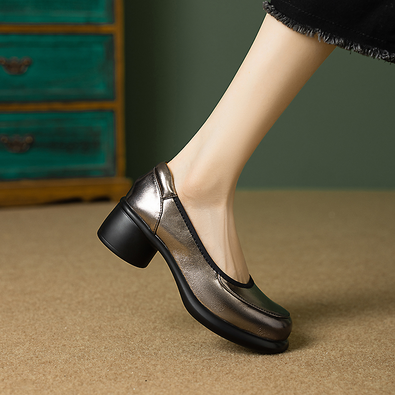 跟高5cm简约舒适浅口单鞋女粗跟中跟圆头百搭枪色一脚蹬懒人鞋