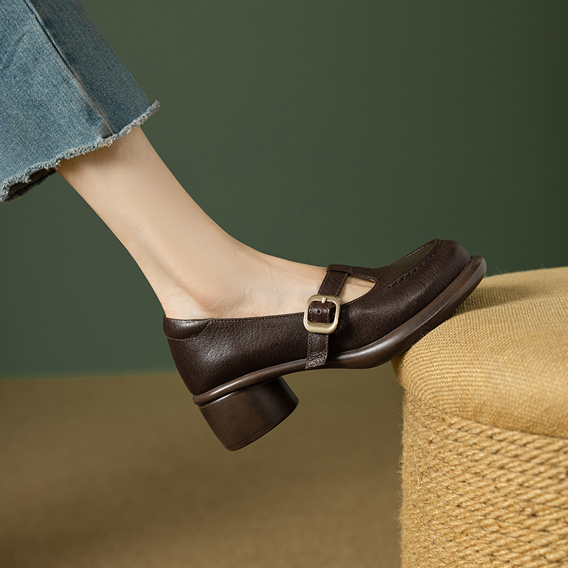 粗跟玛丽珍鞋女2025上班新款圆头浅口中跟百搭丁字扣带真皮单鞋女