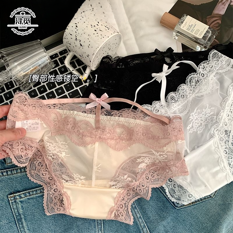 Xunmi/浔觅润丝 缎面性感蕾丝镂空蝴蝶结薄款透气中腰内裤女