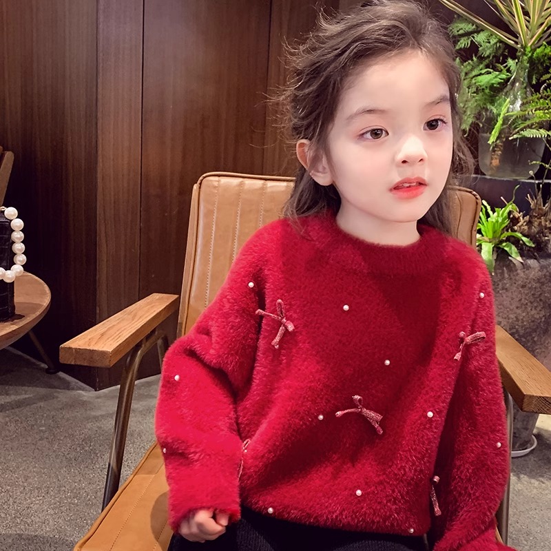 女童毛衣2025新款爆款女童春秋洋气加厚套头不起球红色时尚针织衫