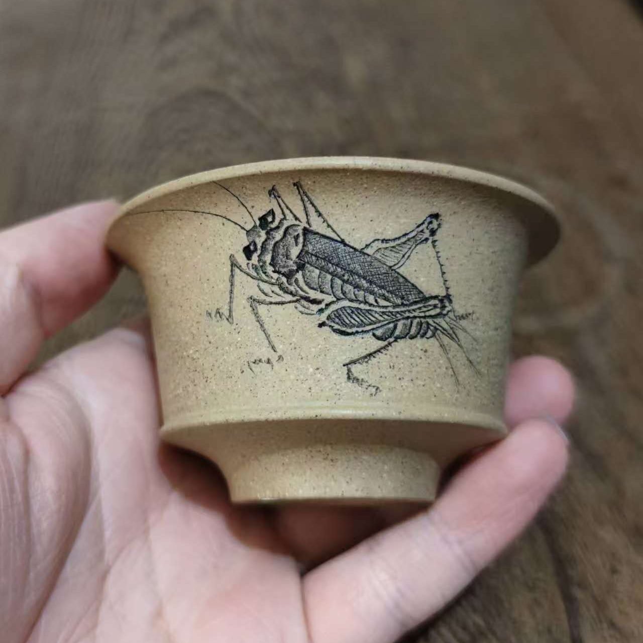 蟋蟀全手工刻绘精品紫砂主人杯马蹄杯宽口宜兴原矿紫砂段泥