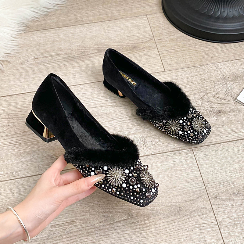 低跟矮跟气质配裙子冬季加绒单鞋女粗跟软底方头浅口豆豆鞋毛毛鞋