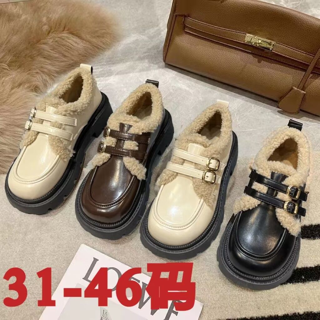 31-46大码秋冬玛丽珍女平底毛毛鞋2023外穿防滑43加绒保暖棉鞋44