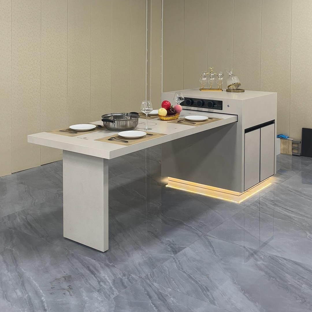 AI智能语音电动伸缩暖菜暖手全岩板多功能岛台餐厅奶油风餐桌