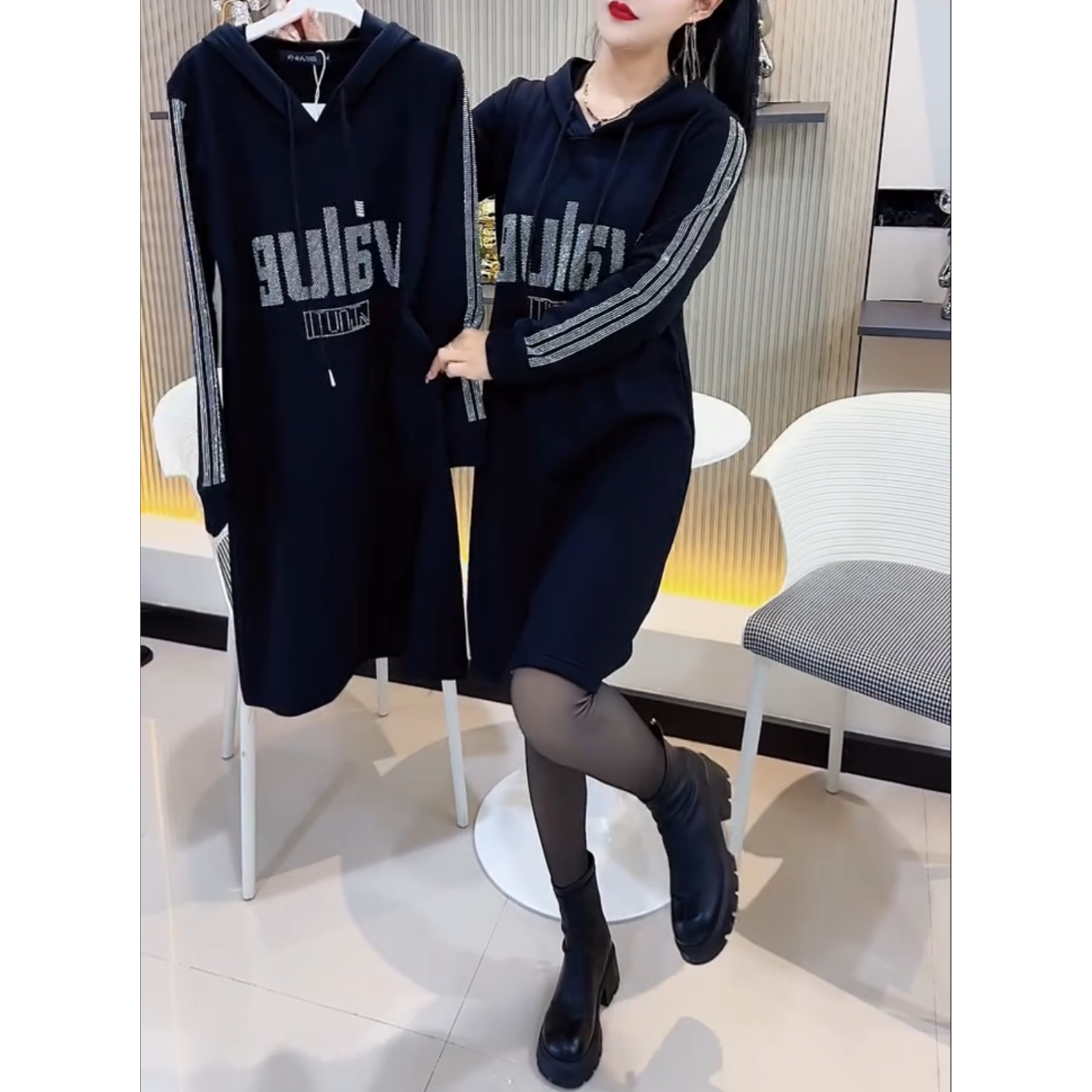 冬季加绒新款时尚百搭钻款连帽连帽连衣裙