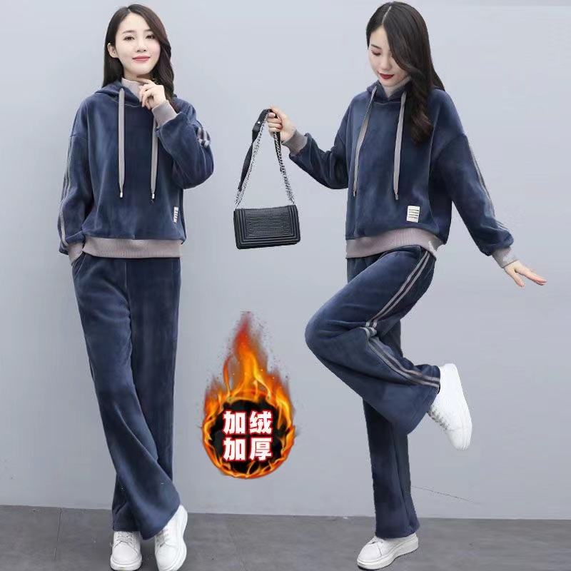 加绒加厚金丝绒套装女2023秋冬季新款妈妈时尚休闲卫衣运动两件套