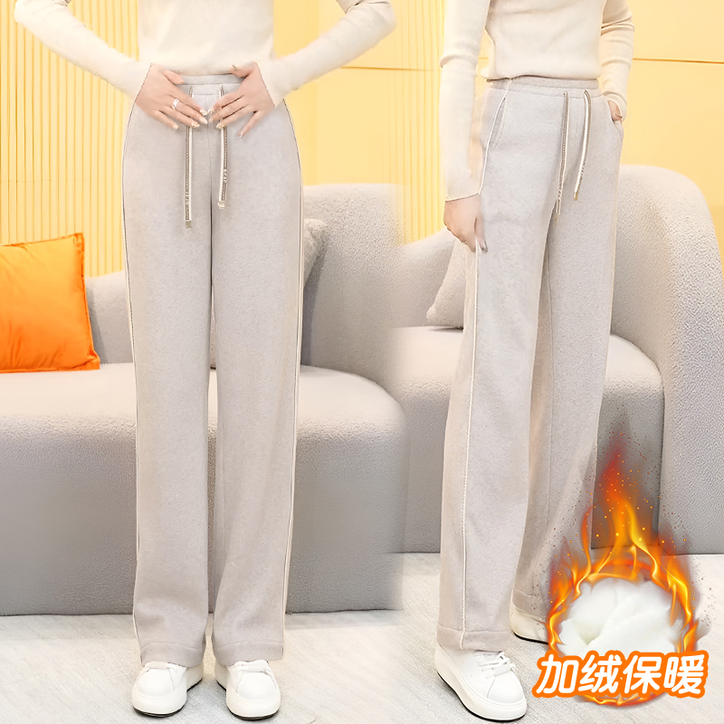 毛呢裤女士秋冬加绒加厚2023新款爆款妈妈裤子宽松窄版直筒阔腿裤